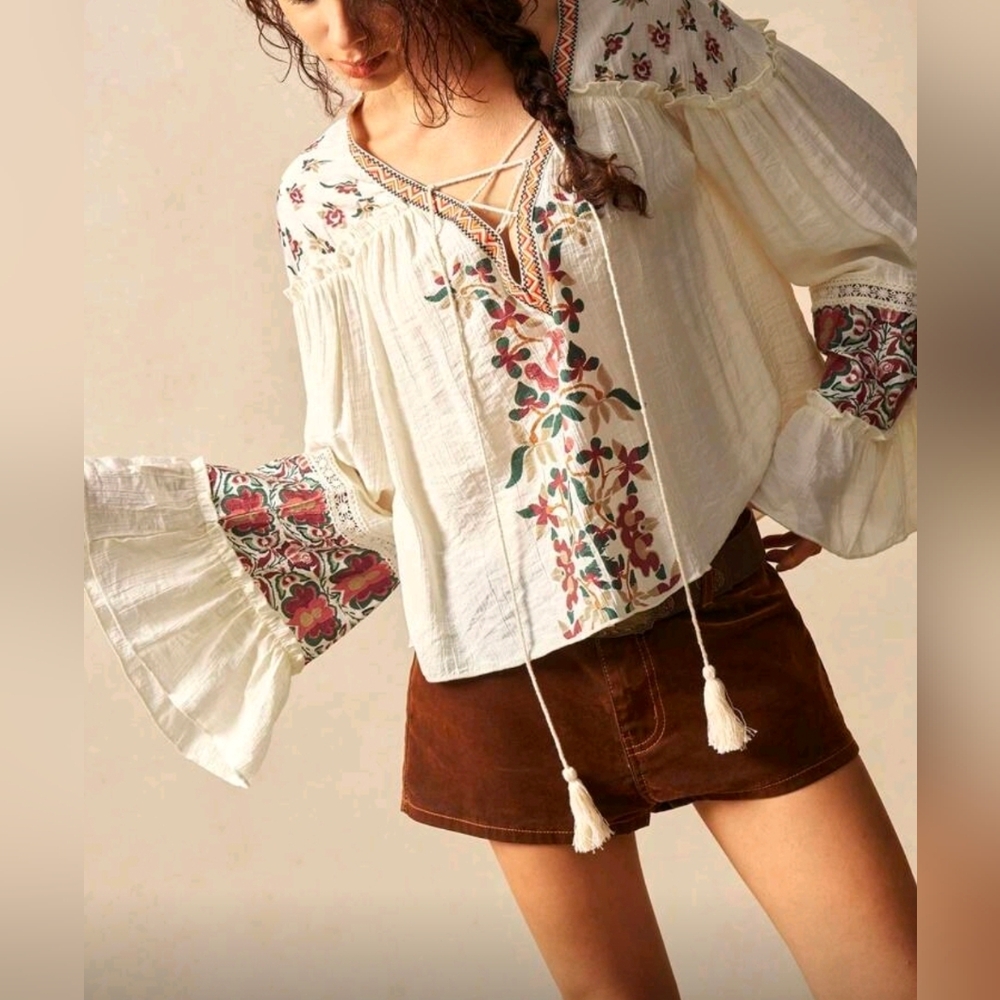 New Boho Floral Print Lace Up Top Flare Ruffle Long Sleeve Ivory Cream - Picture 3 of 8